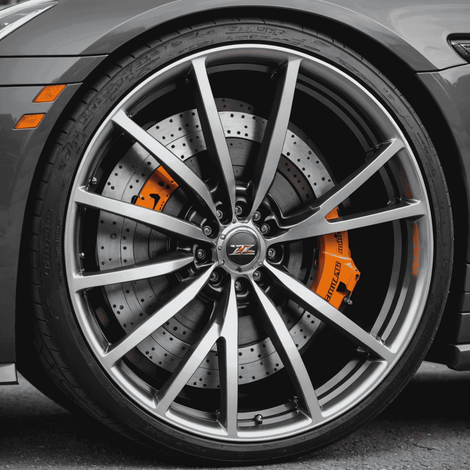 Close-up of a sleek sports car wheel with high-performance tire, showcasing intricate rim design and aggressive tire tread pattern