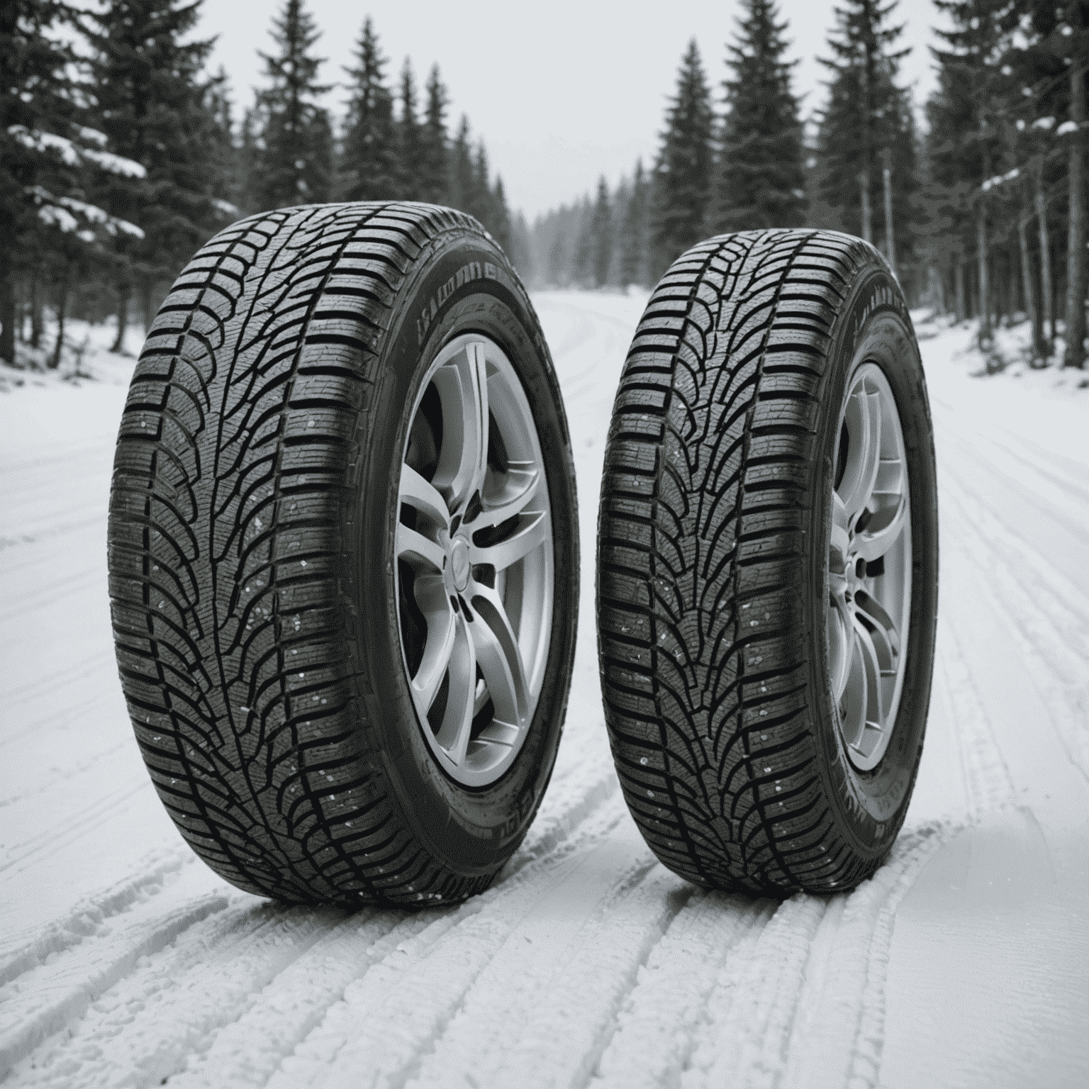 Split image showing an all-season tire on the left and a winter tire on the right, with visible tread differences and a snowy background