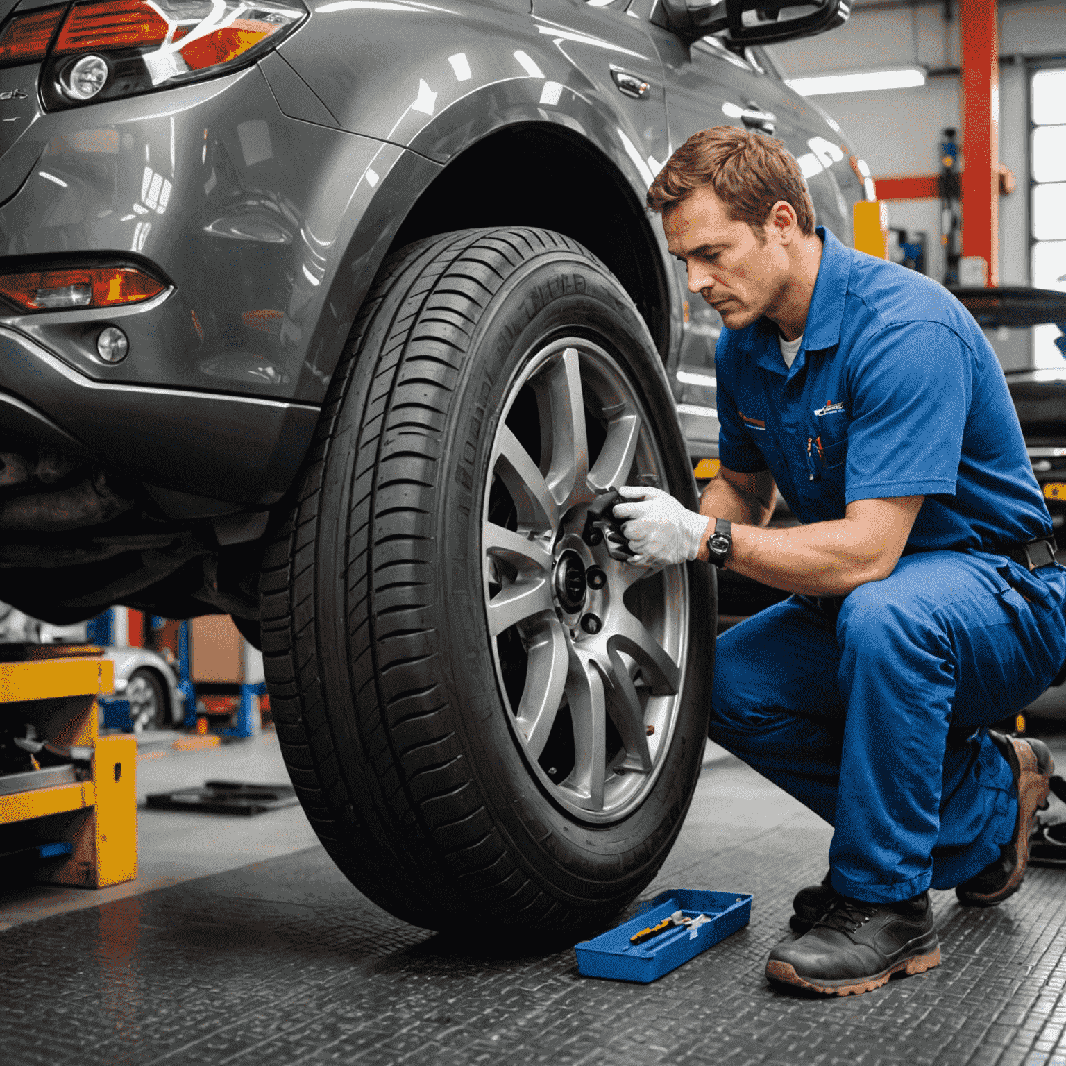 Professional mechanic installing a new tire on a modern vehicle in a well-equipped garage. The image showcases precision tools and state-of-the-art balancing equipment.