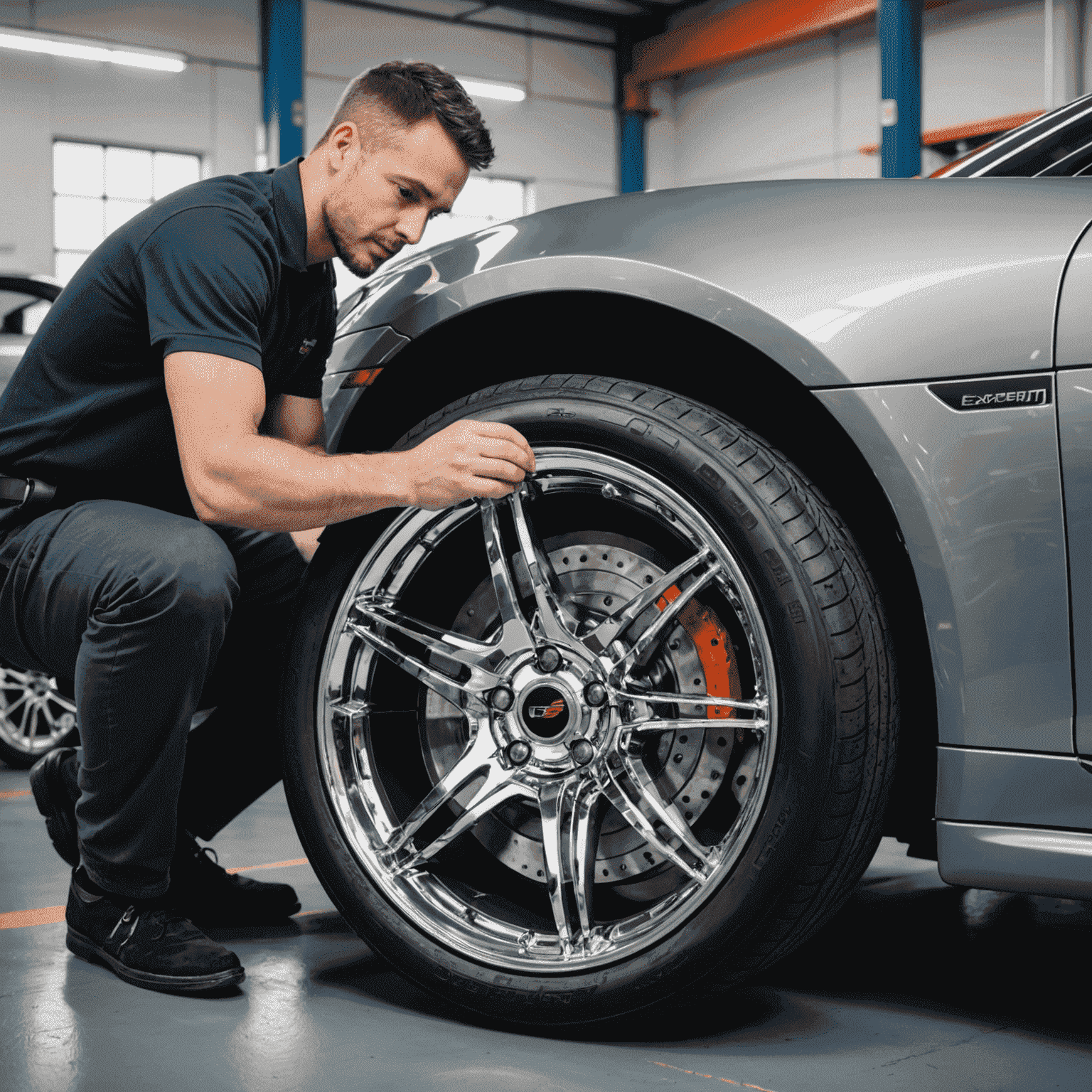Expert technician carefully fitting a custom chrome alloy wheel onto a sleek sports car, ensuring precise alignment and balance