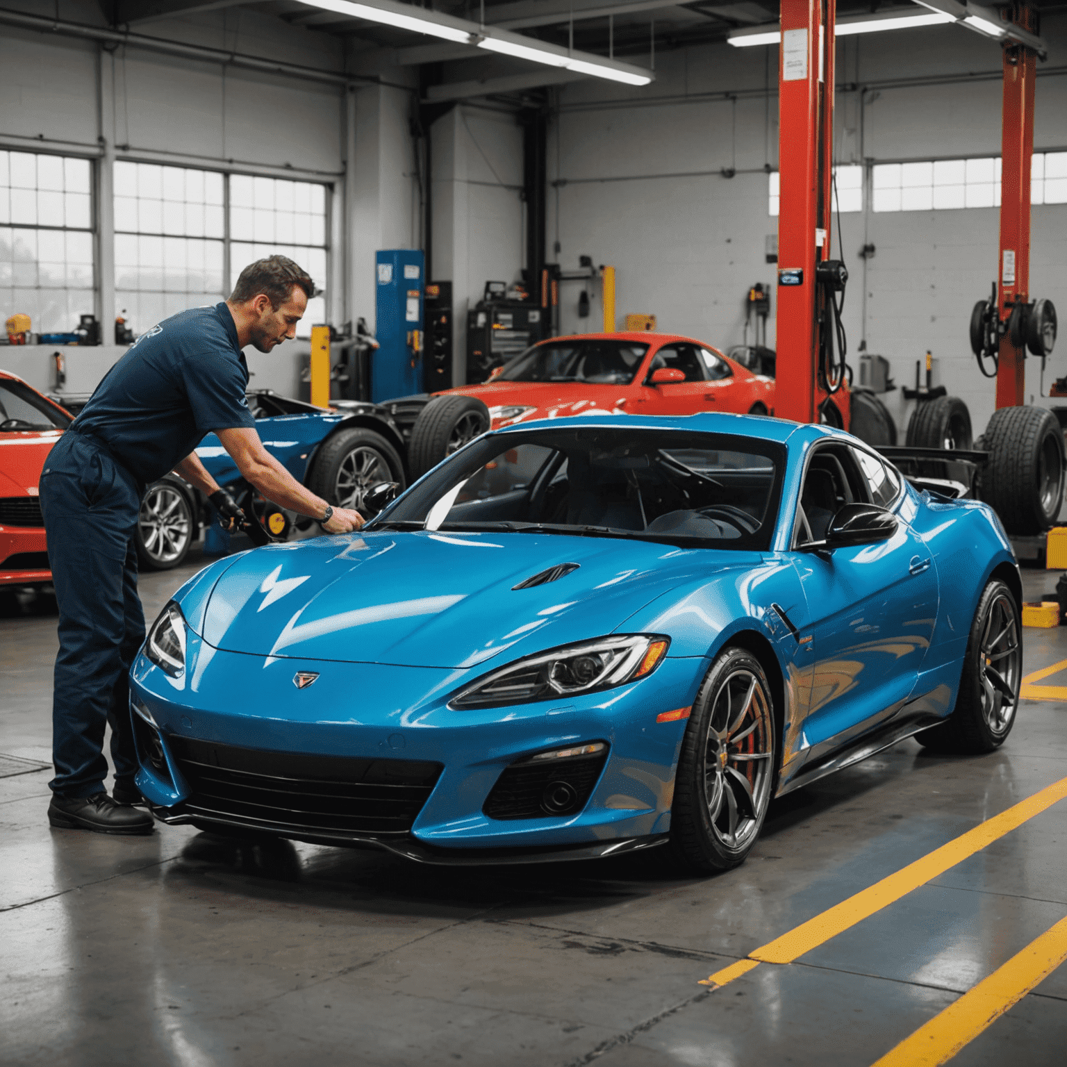 Mechanic performing tire rotation on a sleek sports car, carefully removing and repositioning each tire to ensure even wear and optimal performance