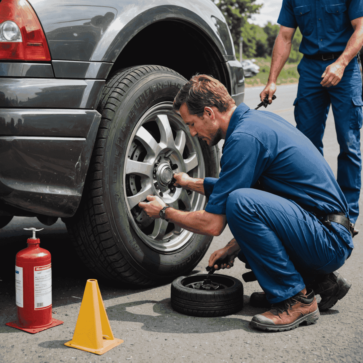 Mechanic performing emergency tire repair on a car with a flat tire on the side of the road. The image shows the urgency and precision of the repair process.