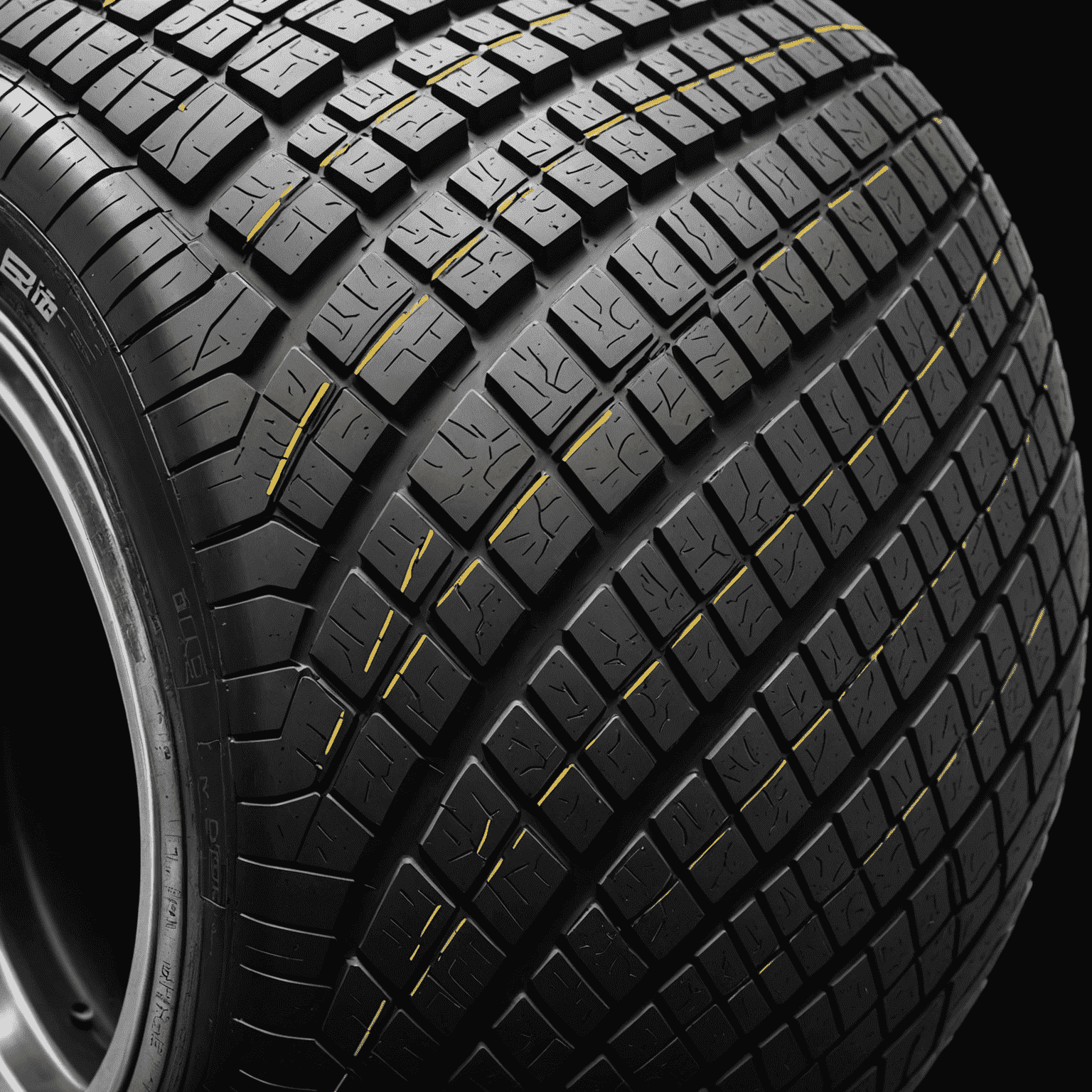 Close-up of a high-tech tire tread with visible sensors and unique compound structure, showcasing the latest in tire innovation
