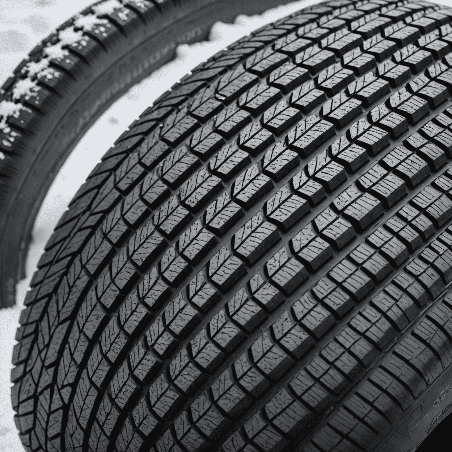 Close-up of a winter tire tread pattern with visible sipes and aggressive blocks, set against a snowy mountain backdrop