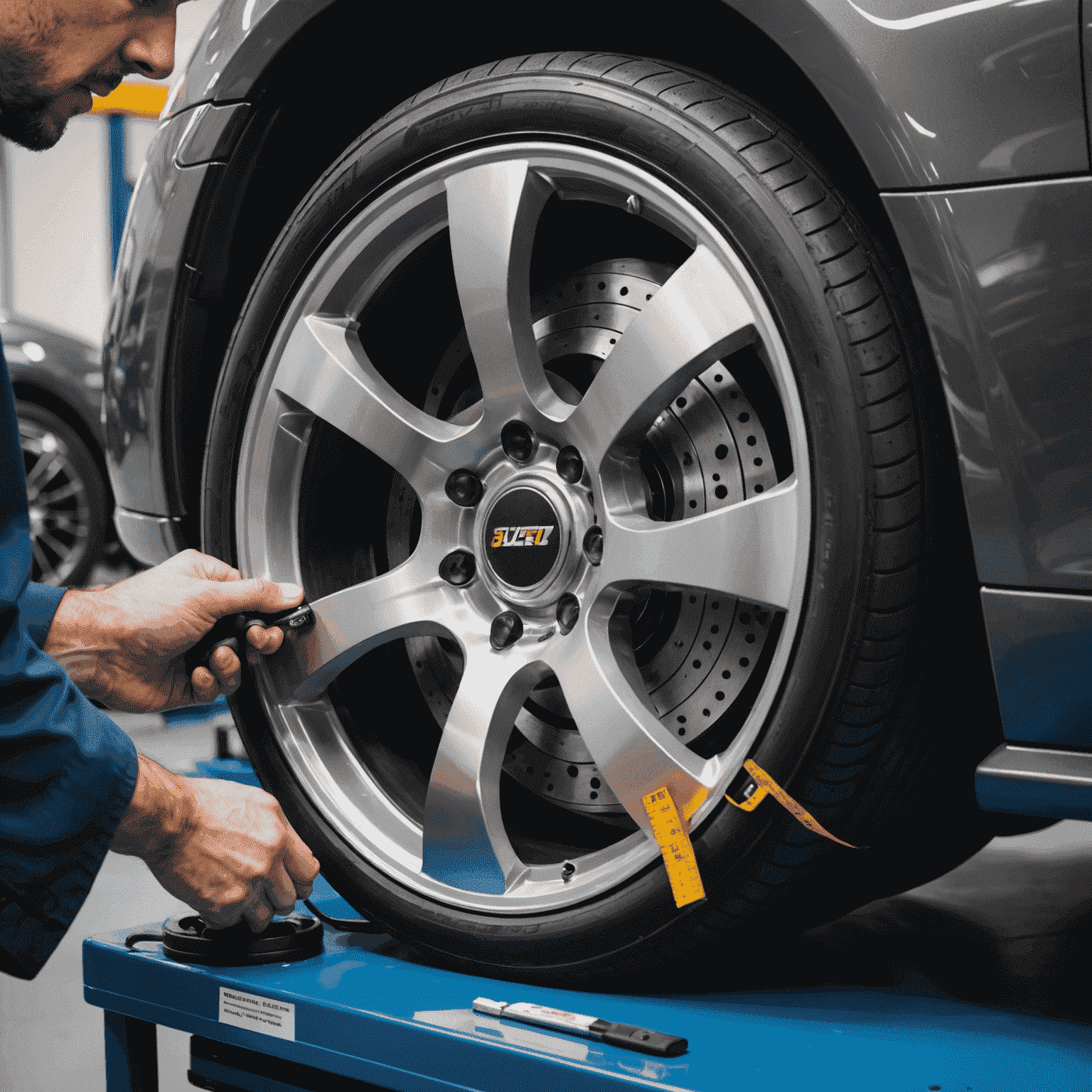 Close-up of a technician using advanced digital equipment to measure and balance a custom alloy wheel, ensuring perfect fitment