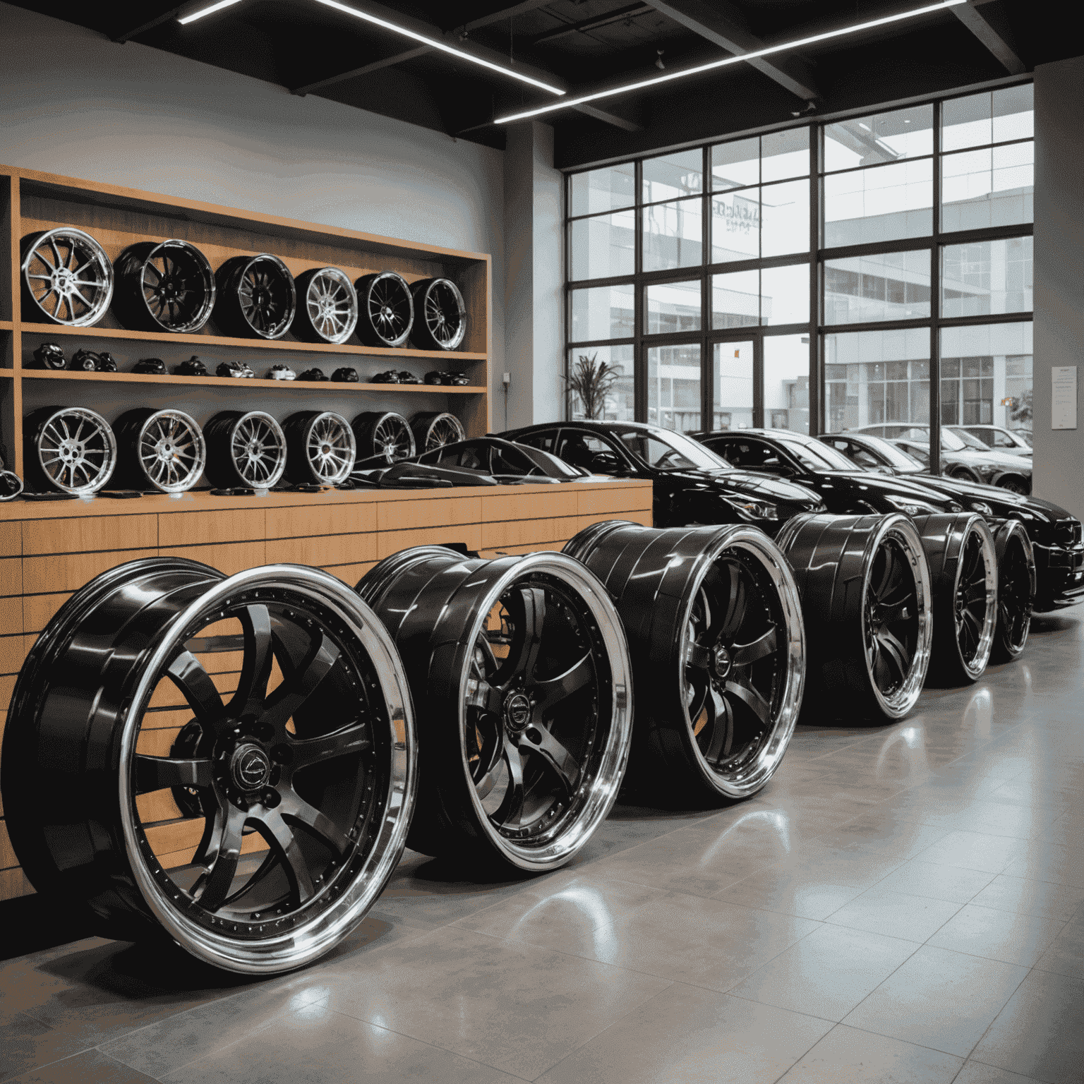 Showcase of various stylish custom wheels, including forged alloys and carbon fiber hybrids, displayed in a modern showroom setting