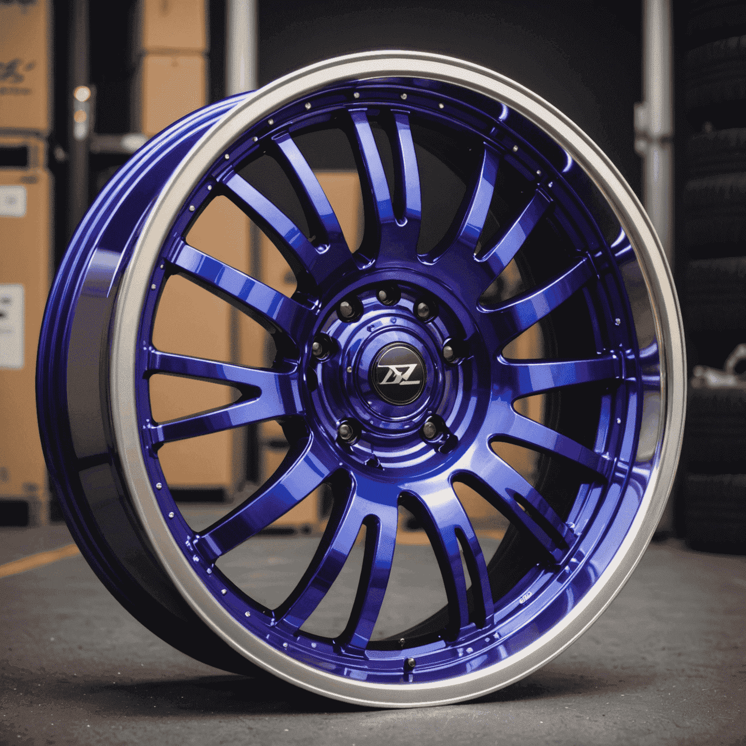 A set of custom wheels with a unique color-shifting finish, transitioning from deep blue to vibrant purple as light hits different angles