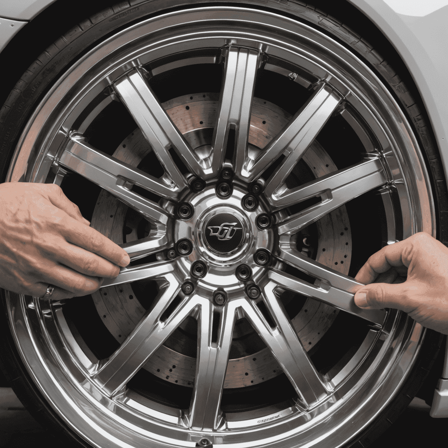 Close-up of a set of high-end custom alloy wheels being fitted onto a performance vehicle, showcasing intricate spoke design and chrome finish