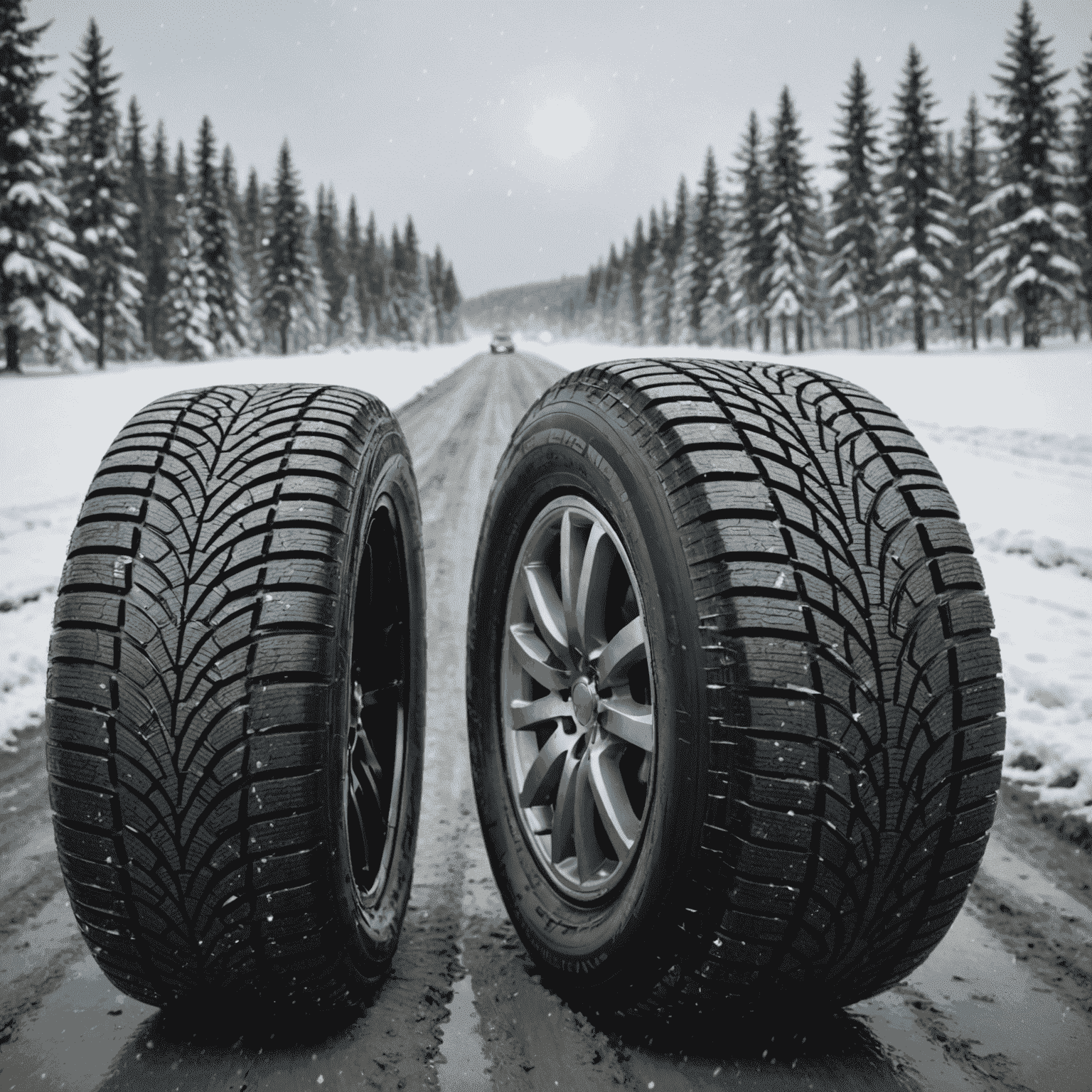 Split image comparing all-season and winter tires in action, showcasing their performance in different weather conditions