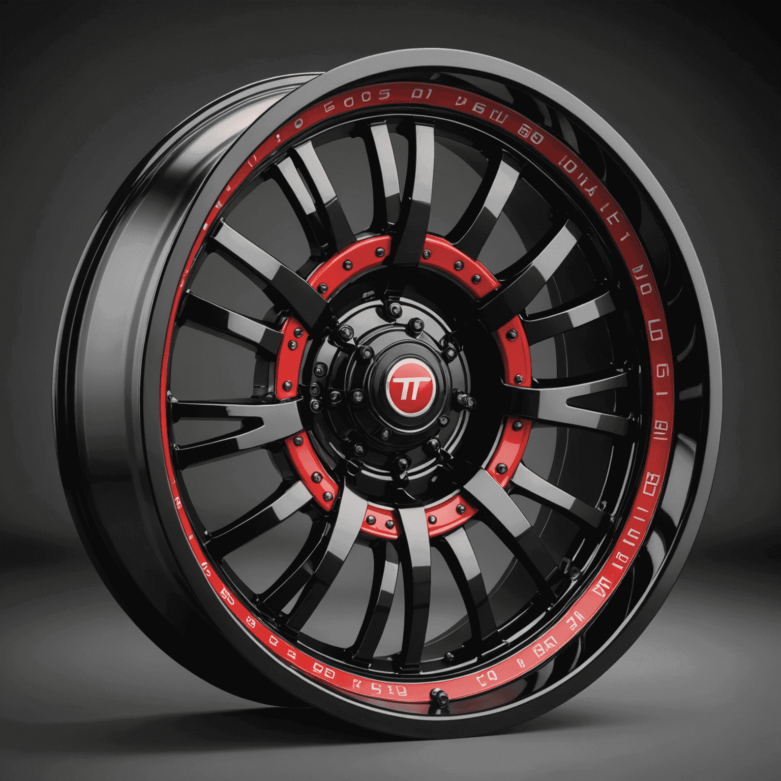 A modern interpretation of a classic turbofan wheel design, featuring a sleek black finish with red accents, mounted on a high-performance sports car