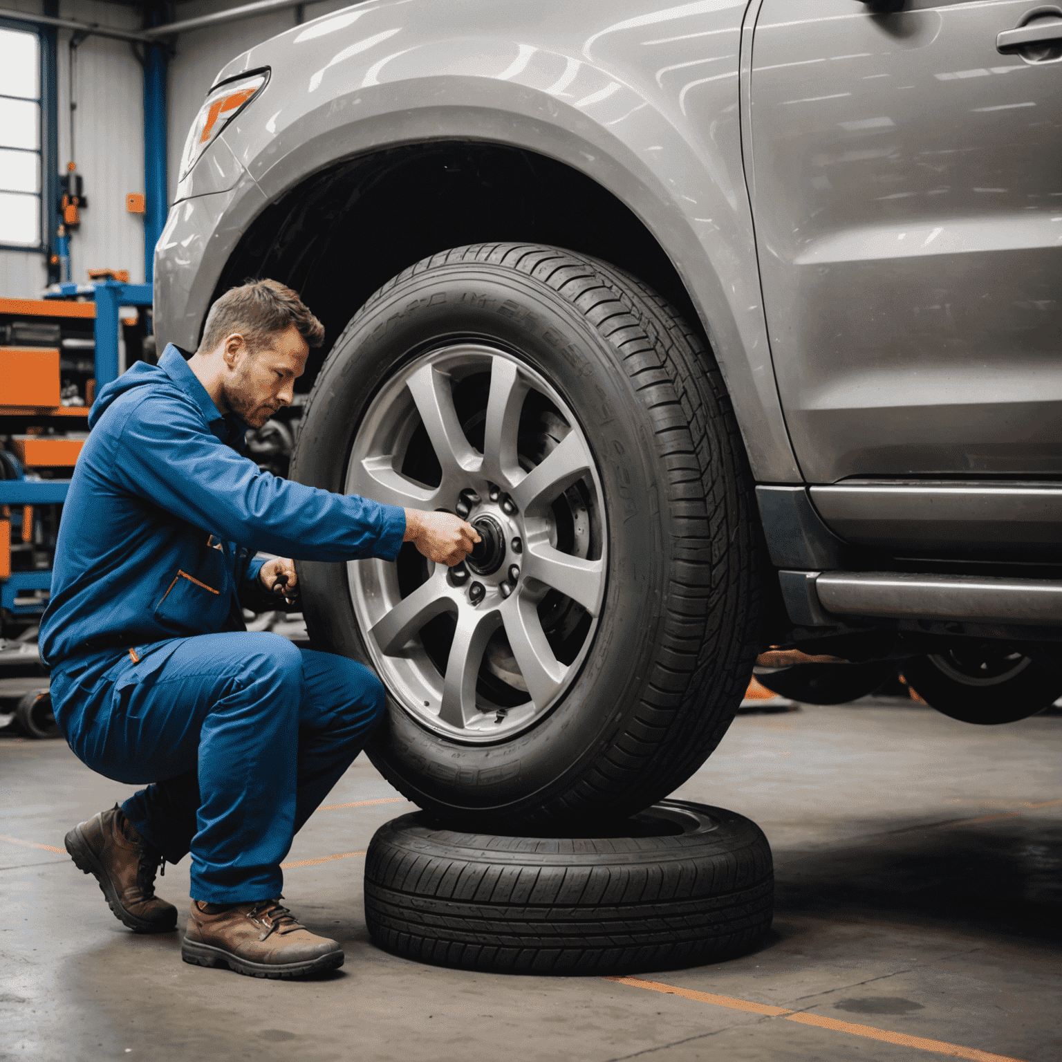 Mechanic performing a tire rotation on an SUV, with all four wheels removed and arranged to show the rotation pattern